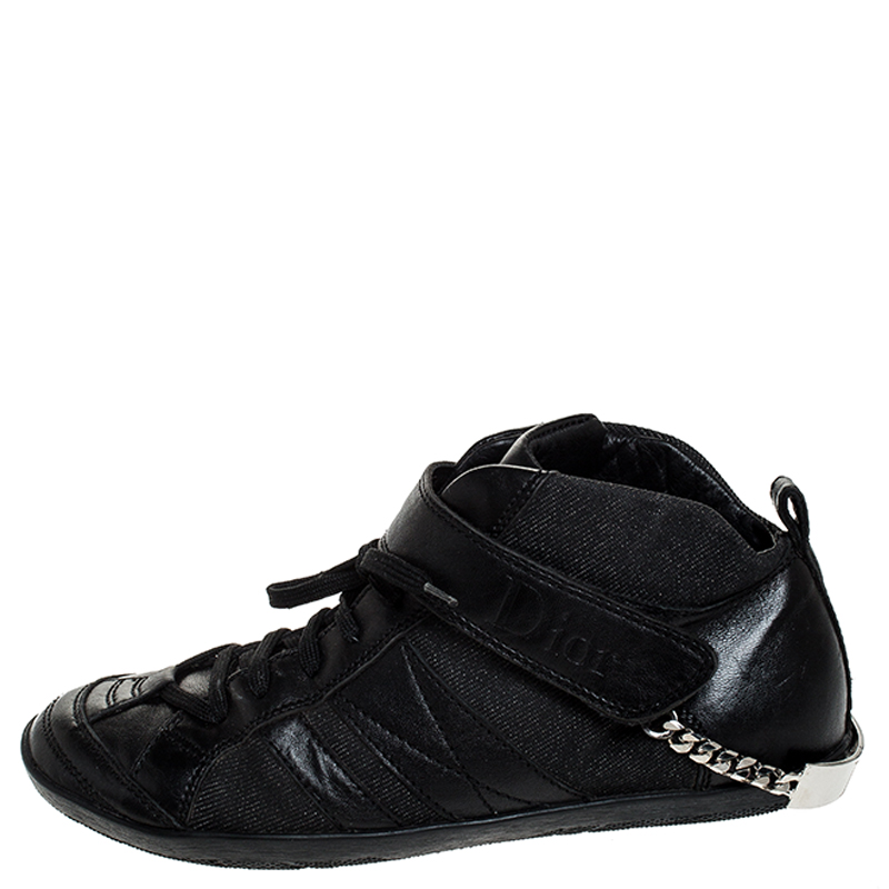 

Dior Black Denim and Leather Logo Chain Lace Sneakers Size