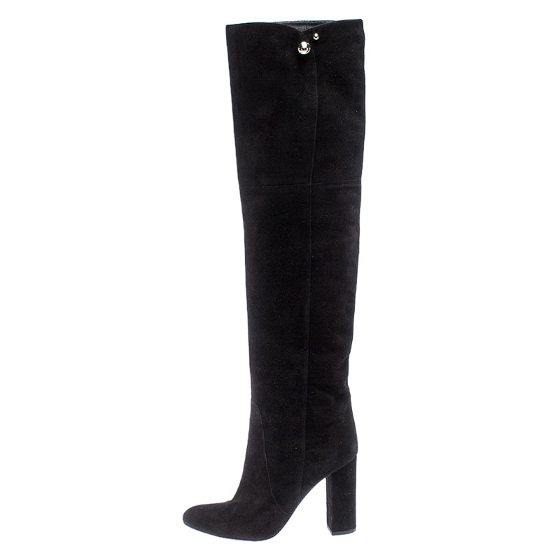 

Dior Black Suede Silver-Tone Spherical Logo Detail Over The Knee Block Heel Boots Size