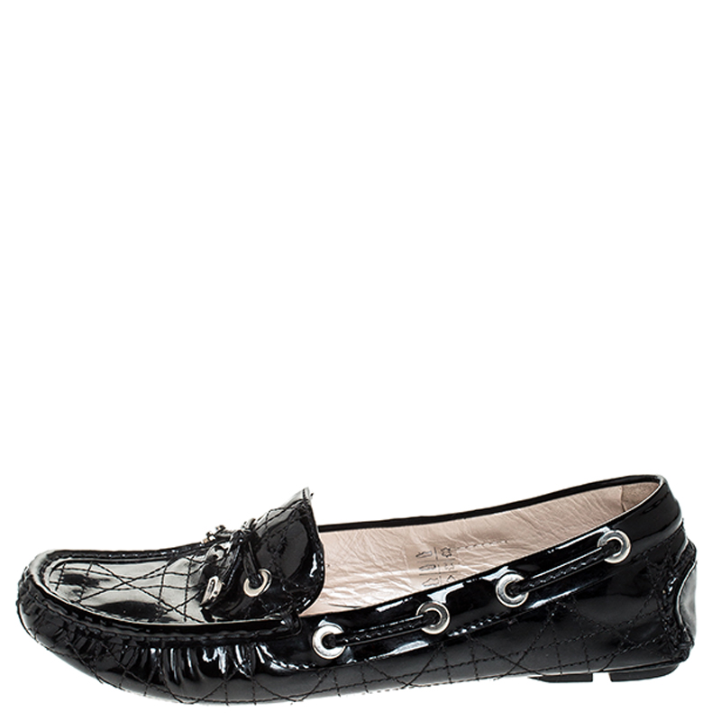 

Dior Black Cannage Patent Leather Bow Loafers Size