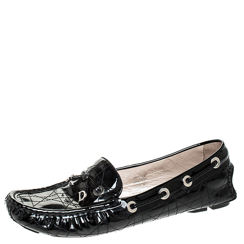 Pre Owned Dior Black Cannage Patent Leather Bow Loafers Size 37