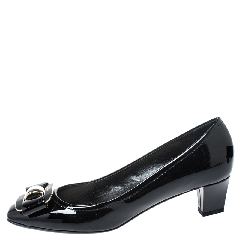 

Dior Black Patent Leather Bow Block Heel Square Toe Pumps Size