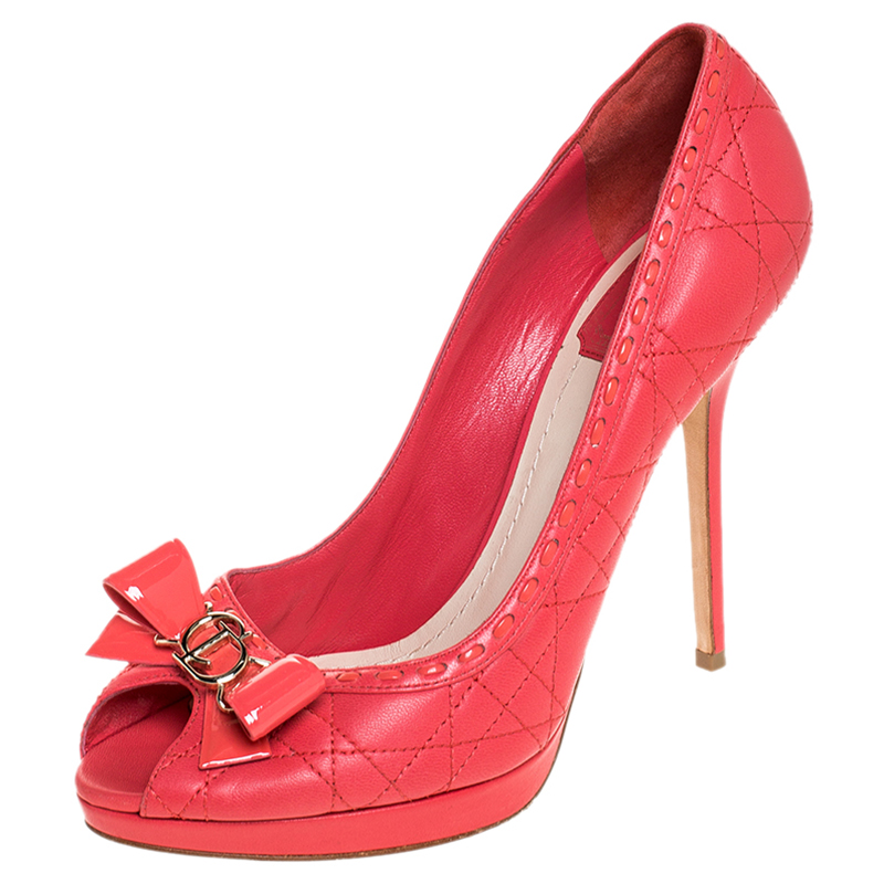 Pre Owned حذاء كعب عالي ديور نعل سميك مقدمة مفتوحة جلد كاناج لامع وردي مقاس 39