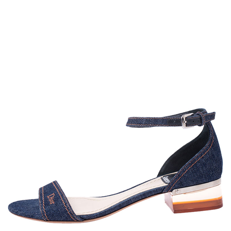 

Dior Blue Denim Ankle Strap Block Heel Sandals Size