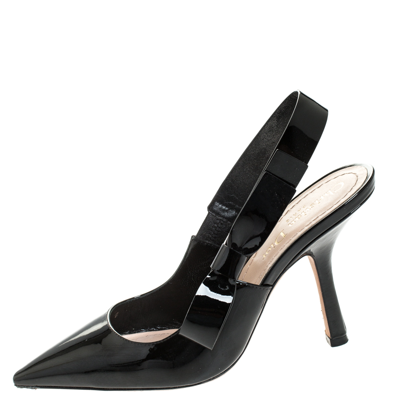 

Dior Black Patent Leather Bow Slingback Sandals Size