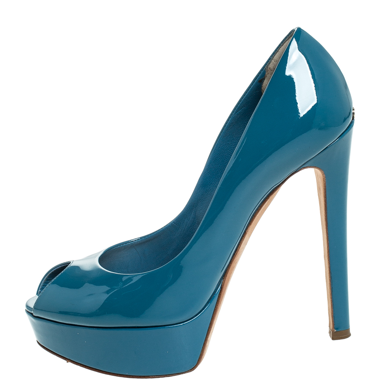 

Dior Blue Patent Leather Miss Dior Peep Toe Platform Pumps Size