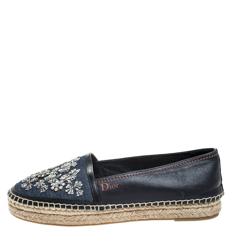 

Dior Black Leather And Blue Denim Embroidered Espadrilles Loafers Size