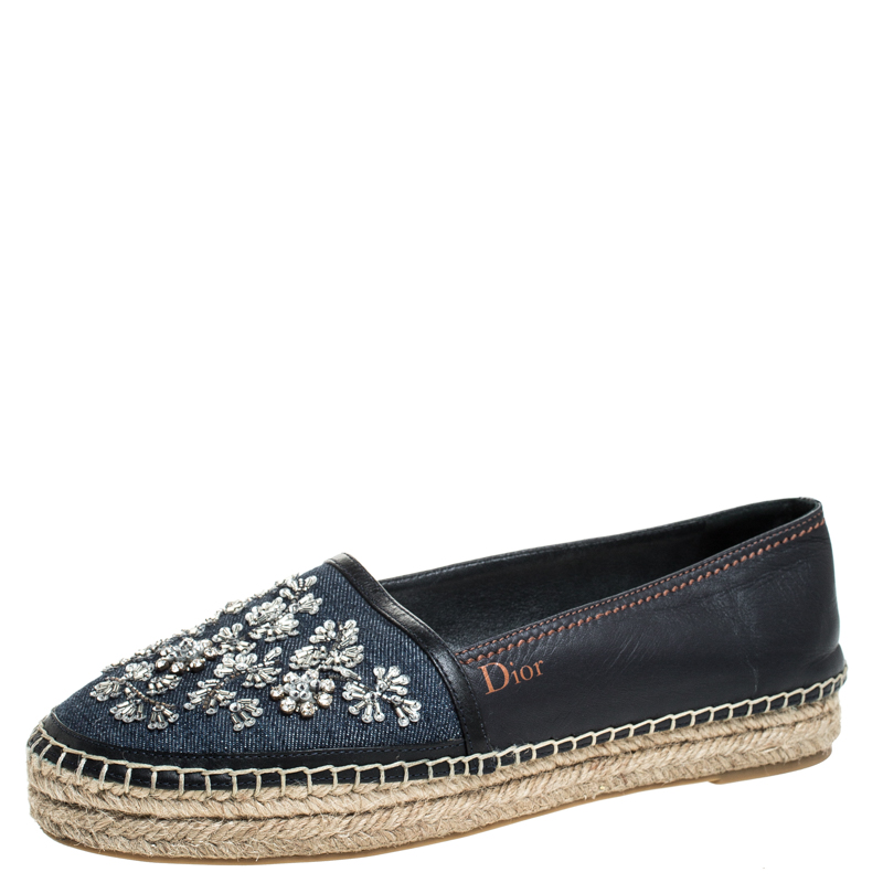 مملوكة مسبقًا Dior Black Leather And Blue Denim Embroidered Espadrilles Loafers Size 39
