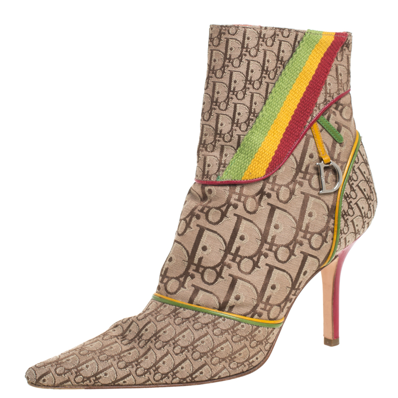 Dior Multicolor Monogram Canvas And Leather Piping Ankle Boots Size 36