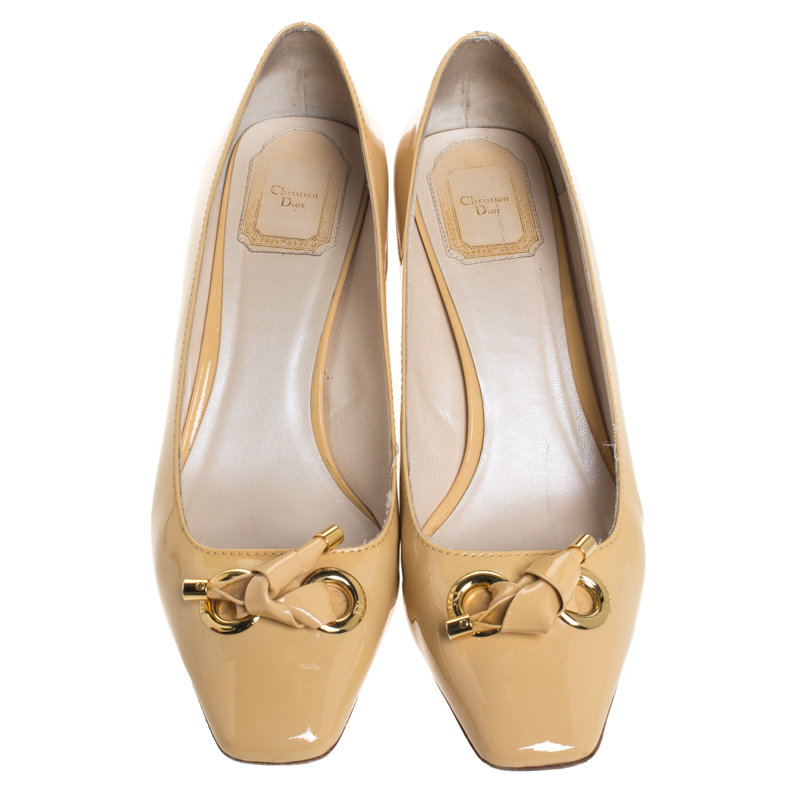 Pre-owned Dior Beige Patent Leather Bow Detail Square Toe Pumps Size 39