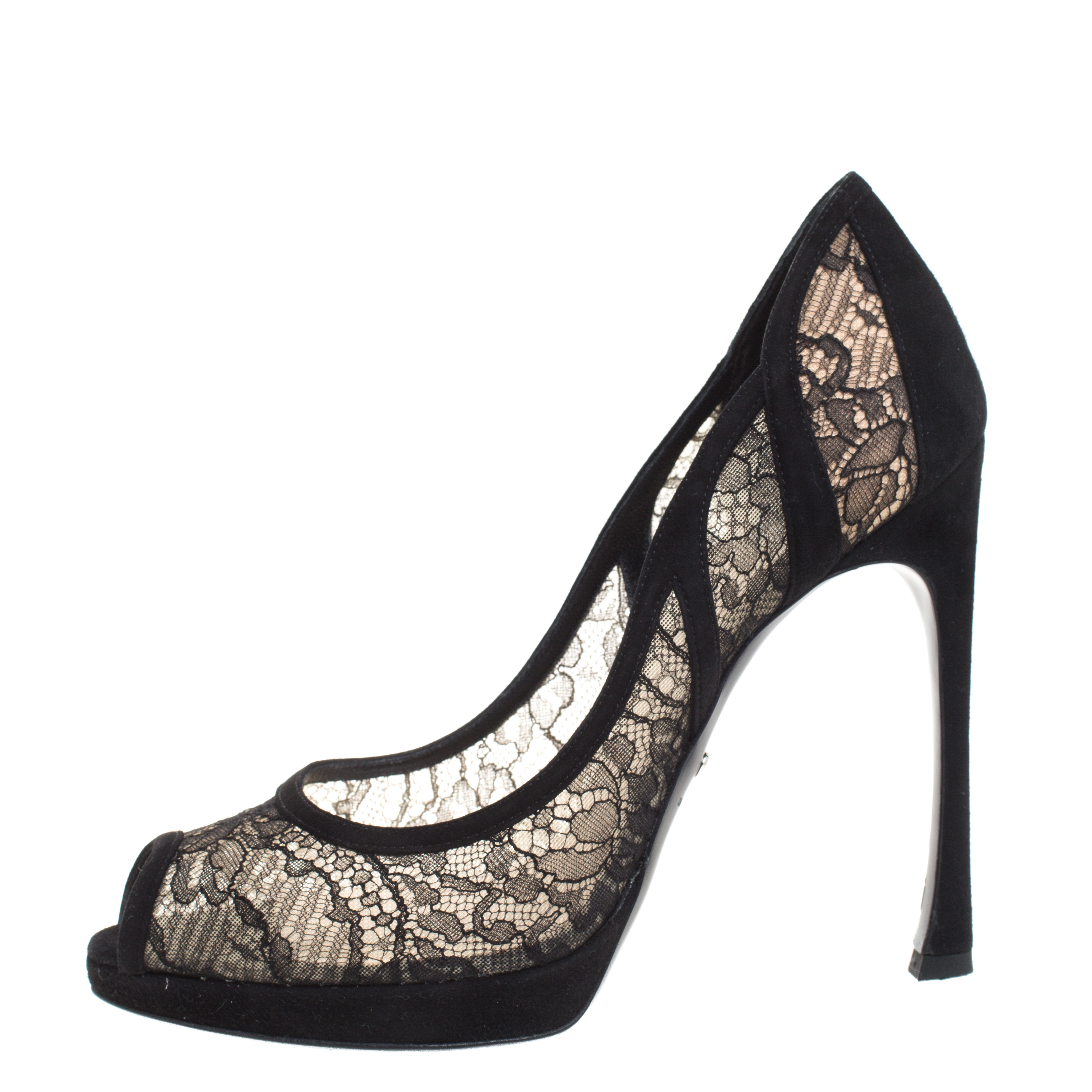 

Dior Black Lace And Suede Scallop Peep Toe Pumps Size