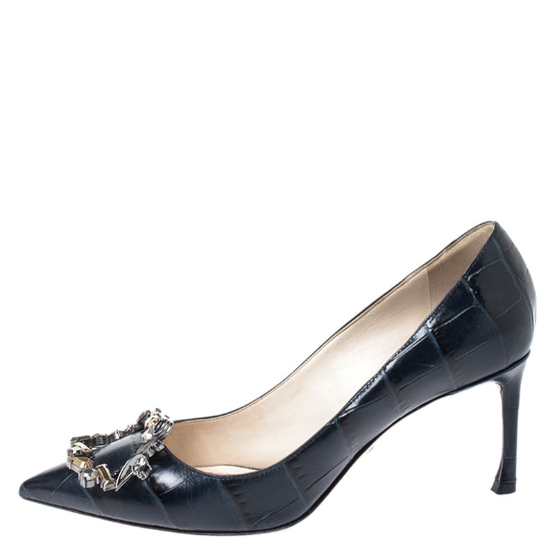 

Dior Navy Blue Croc Embossed Leather Tressor Pointed Toe Pumps Size