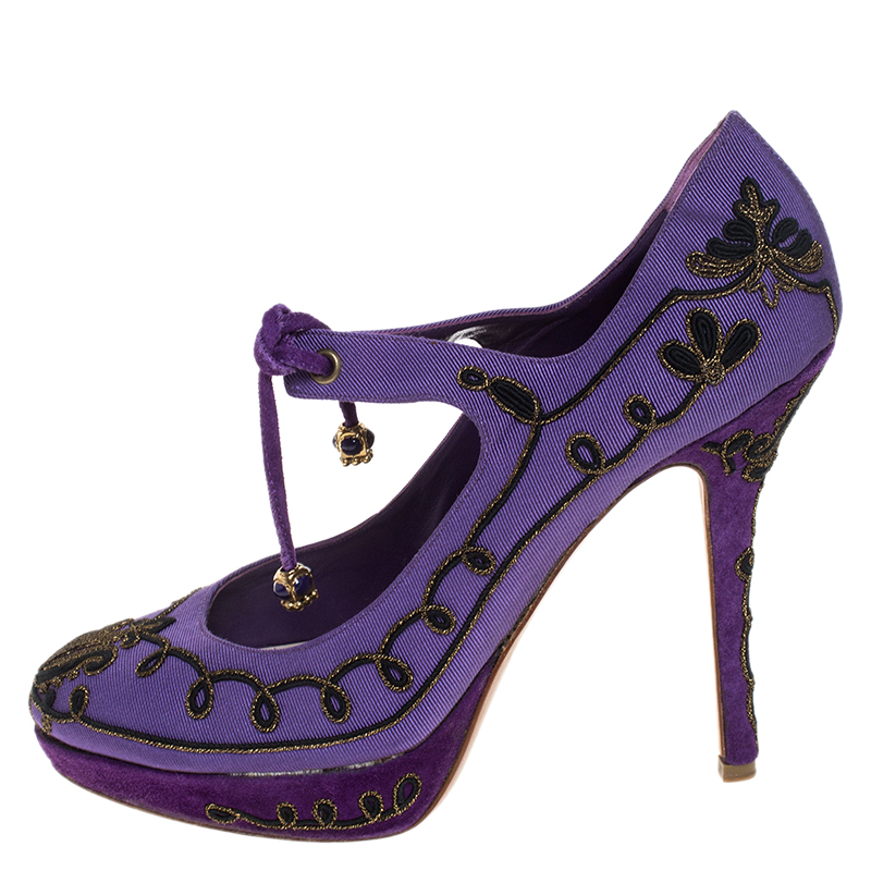 Pre-owned Dior Purple Embroidered Canvas Tie Platform Pumps Size 39