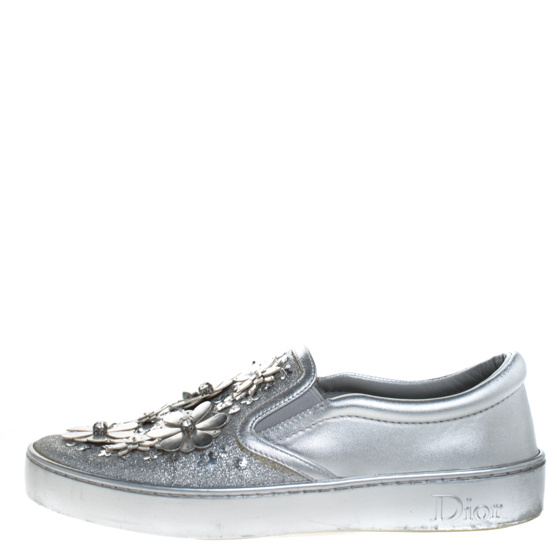 

Dior Metallic Silver Glitter Leather Dior Happy Floral Embellished Slip On Sneakers Size