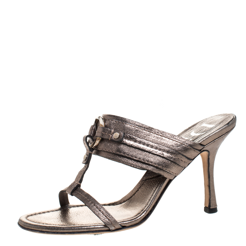 Pre-owned Dior Metallic Leather T Strap Slide Sandals Size 37