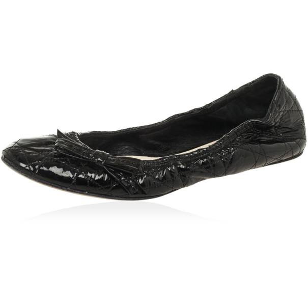 مملوكة مسبقًا Christian Dior Black Patent Cannage Bow Ballet Flats Size 41