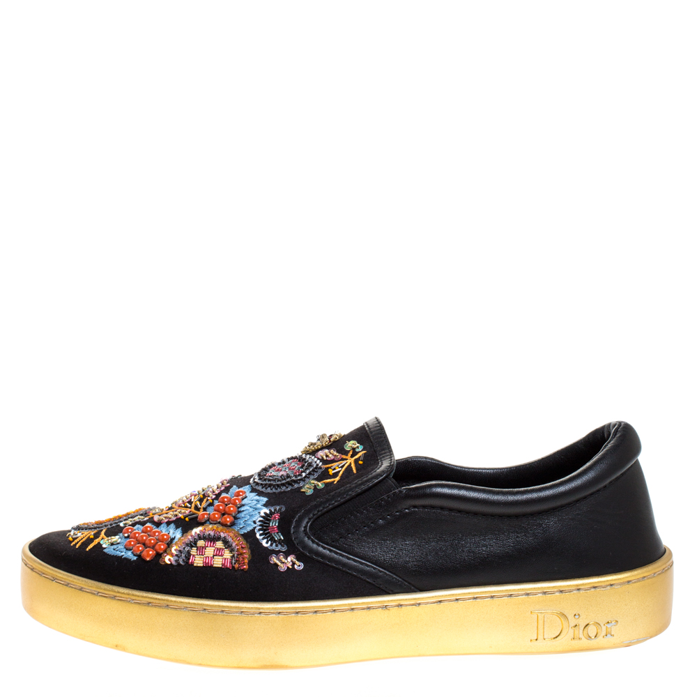 

Dior Black Satin Embroidered Slip On Sneakers Size