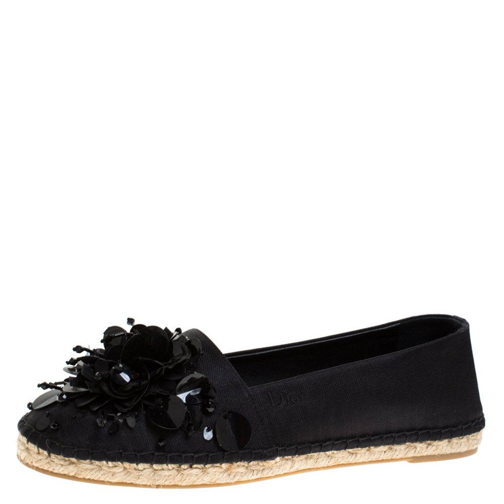 Dior Black Embellished Canvas Espadrille Loafers Size 37