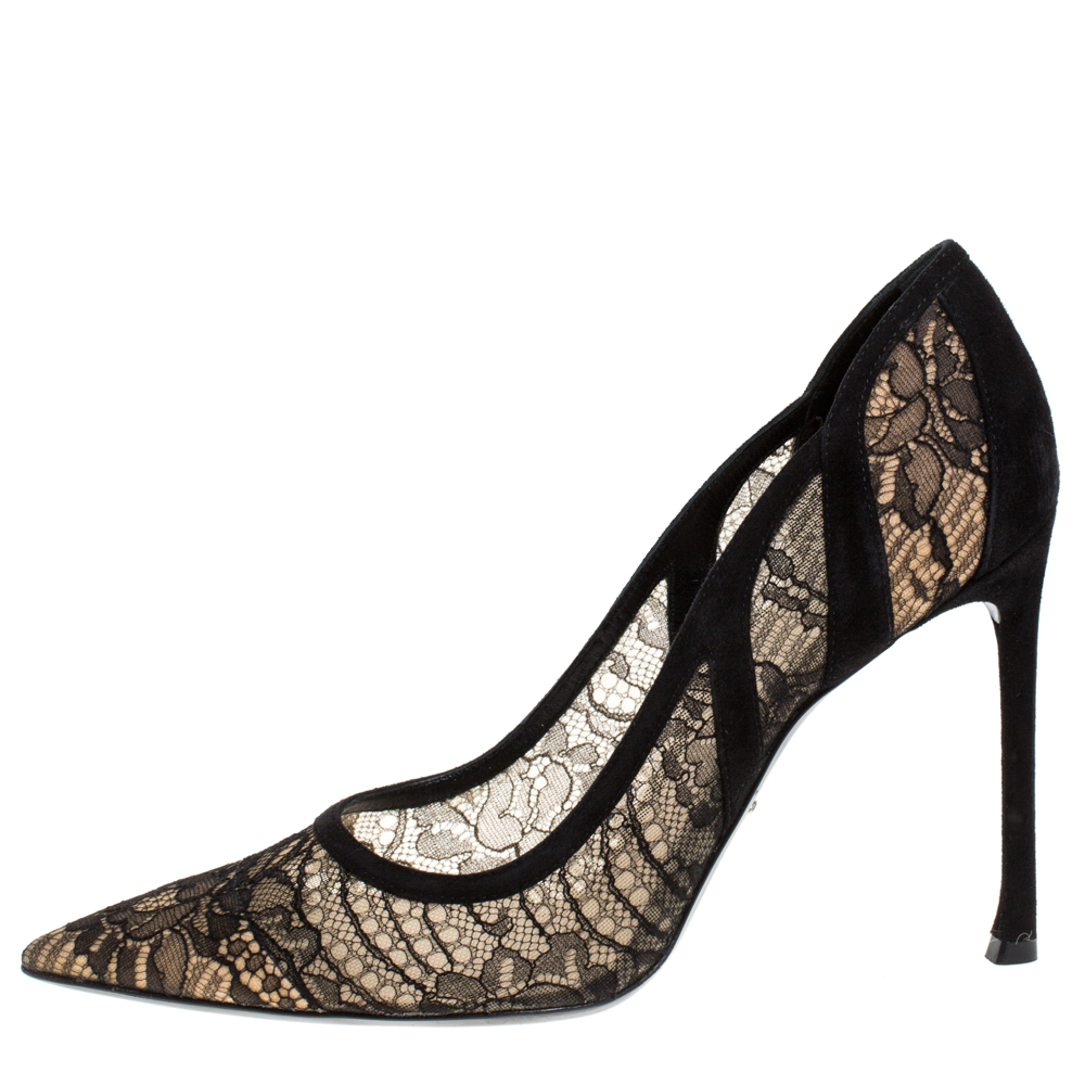 

Dior Black Chantilly Lace and Suede Pointed Toe Pumps Size