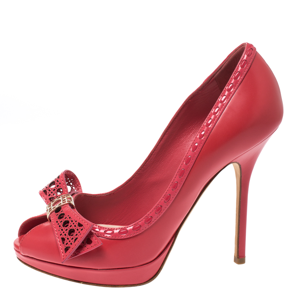 

Dior Pink Leather Cannage Cut Out Bow Peep Toe Platform Pumps Size