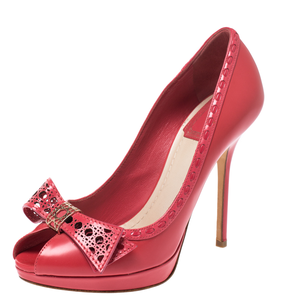 Dior Pink Leather Cannage Cut Out Bow Peep Toe Platform Pumps Size 36 ...