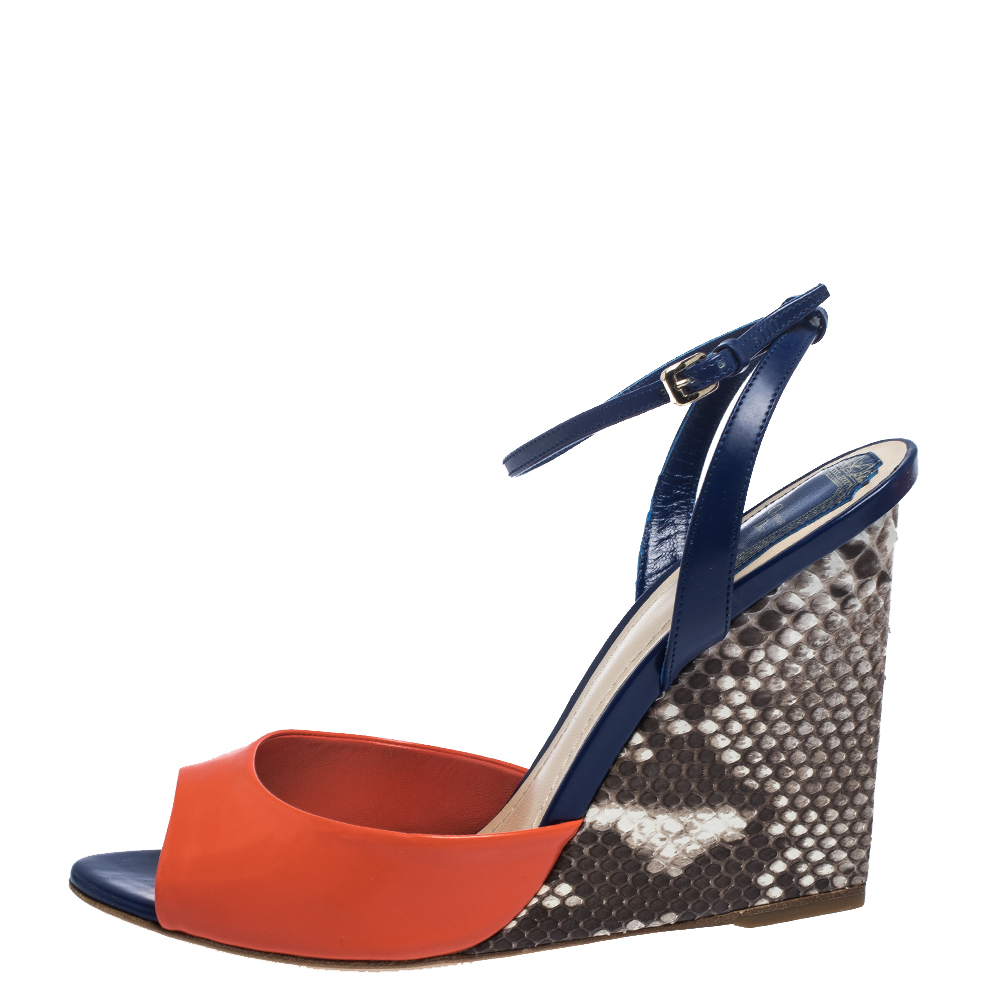 

Dior Multicolor Leather and Python Ankle Strap Wedge Sandals Size