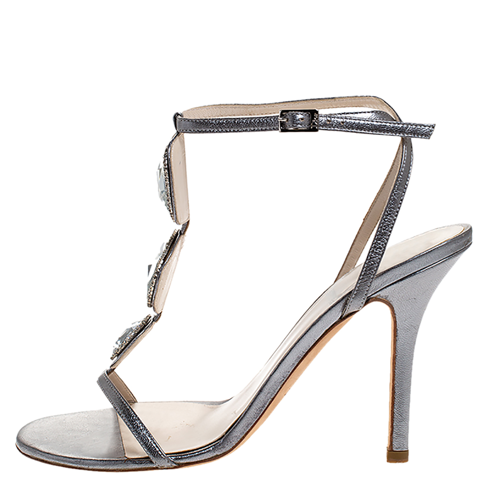 

Dior Metallic Grey Crystal Embellished T-strap Sandals Size