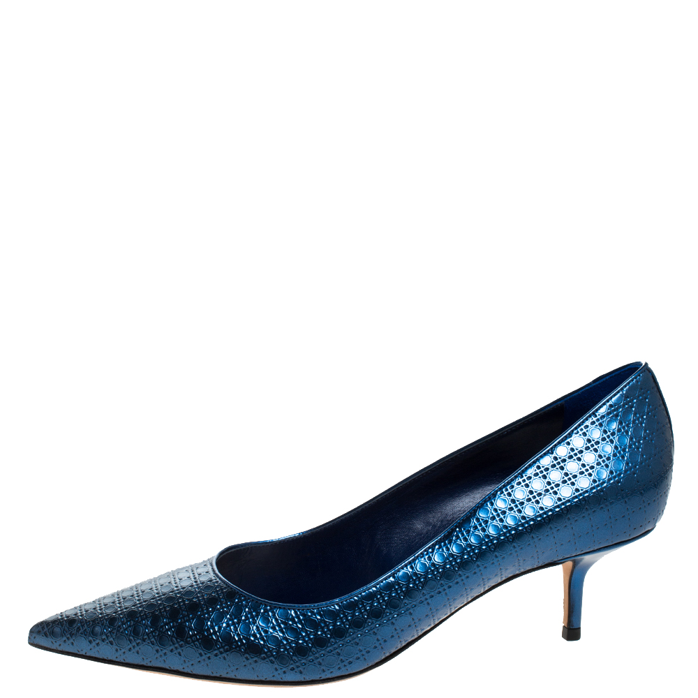 

Dior Metallic Blue Micro Cannage patent Leather Cherie Pointed Toe Pumps Size