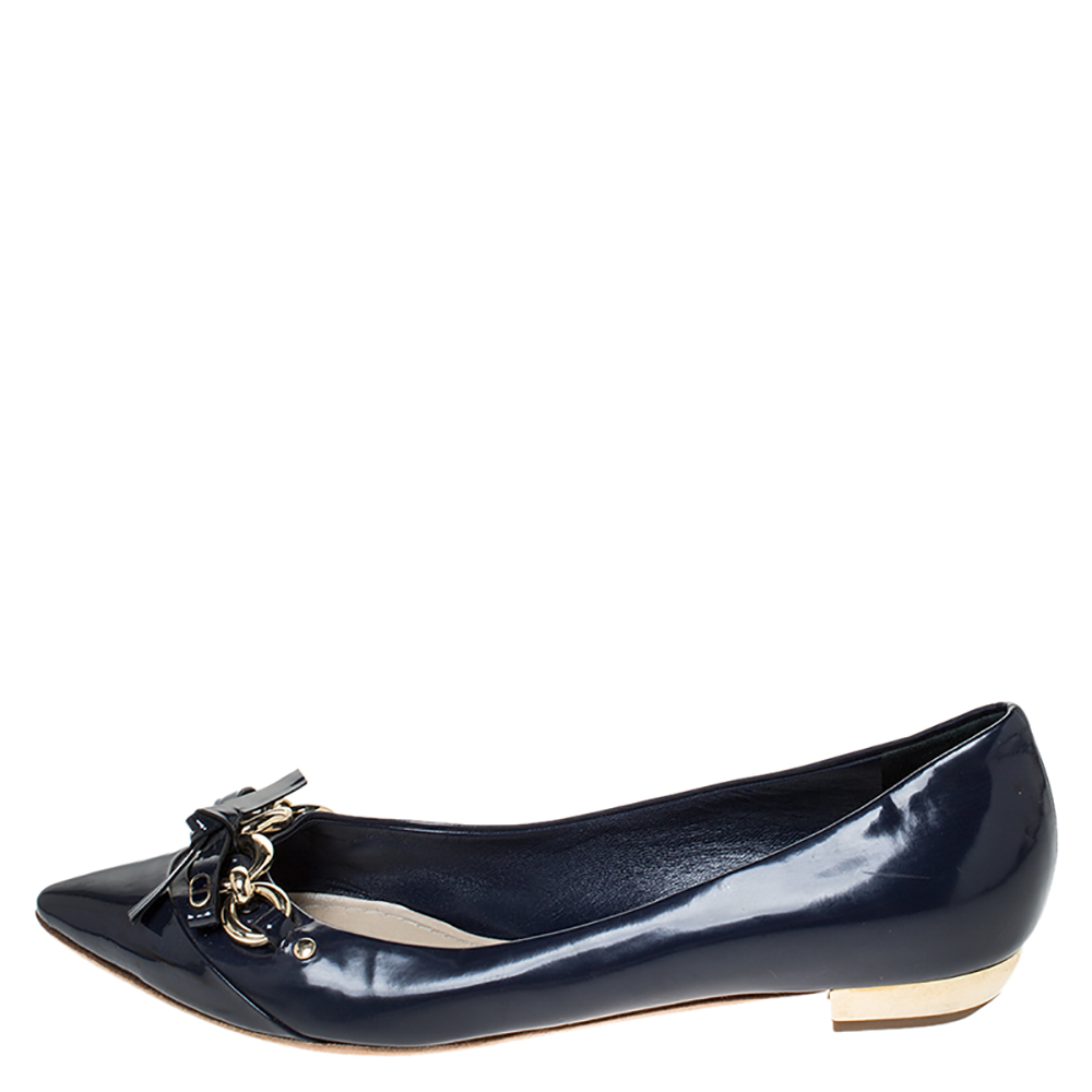 

Dior Dark Blue Patent Leather Bow Detail Pointed Toe Ballet Flats Size