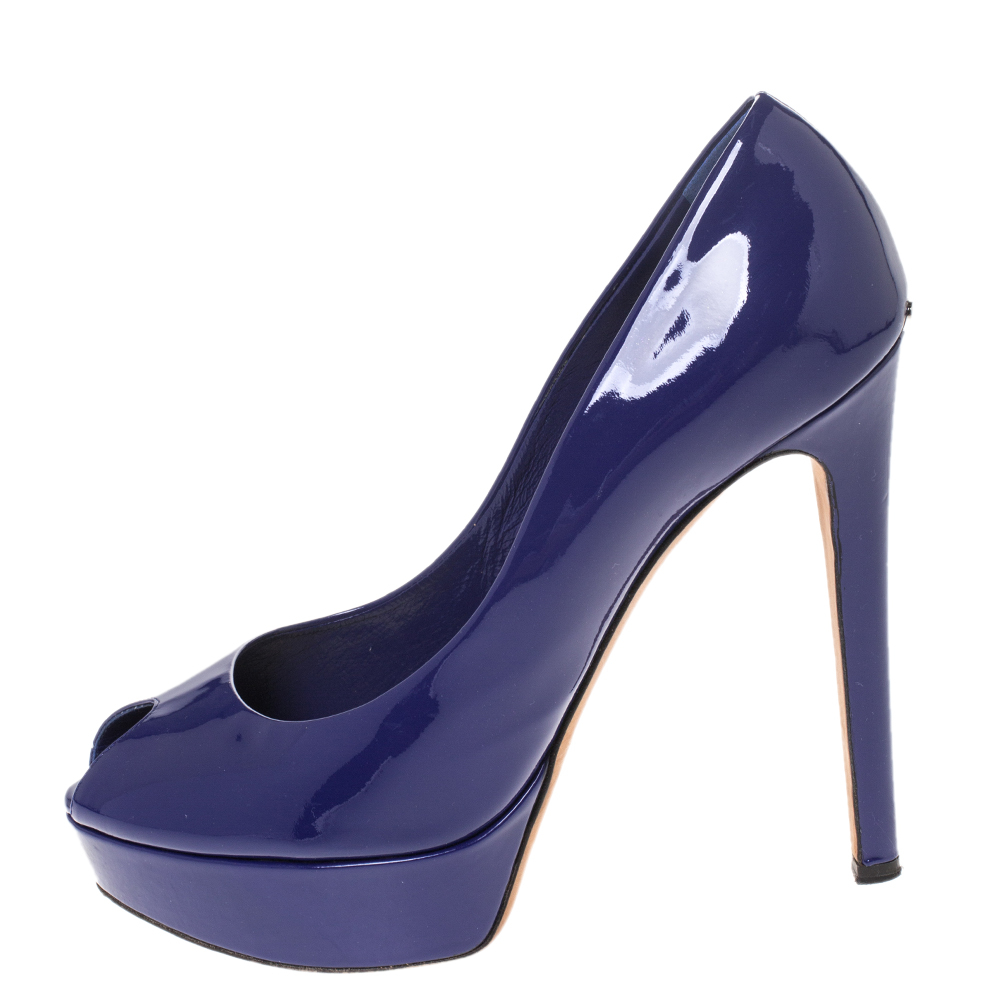 

Dior Blue Patent Leather Miss Dior Peep Toe Platform Pumps Size