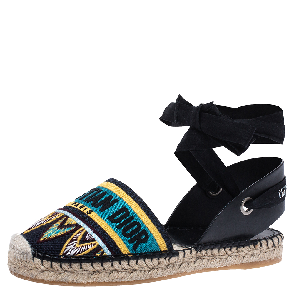 Dior Black Embroidered Leather Nicely D Espadrille Ankle Wrap