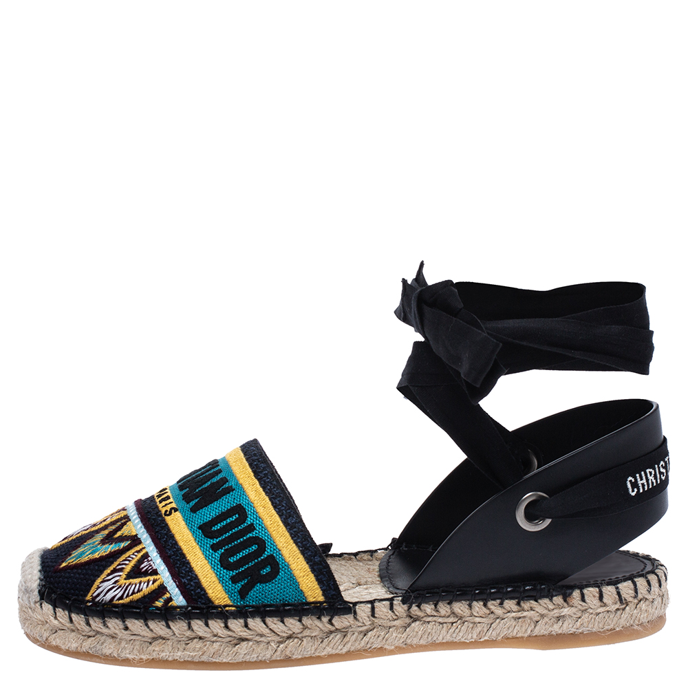 

Dior Black Embroidered Leather Nicely D Espadrille Ankle Wrap Flats Size