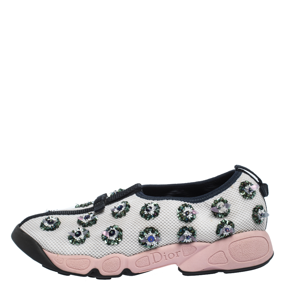 

Dior White/Blue Sequins Embellished Mesh Fusion Slip On Sneakers Size