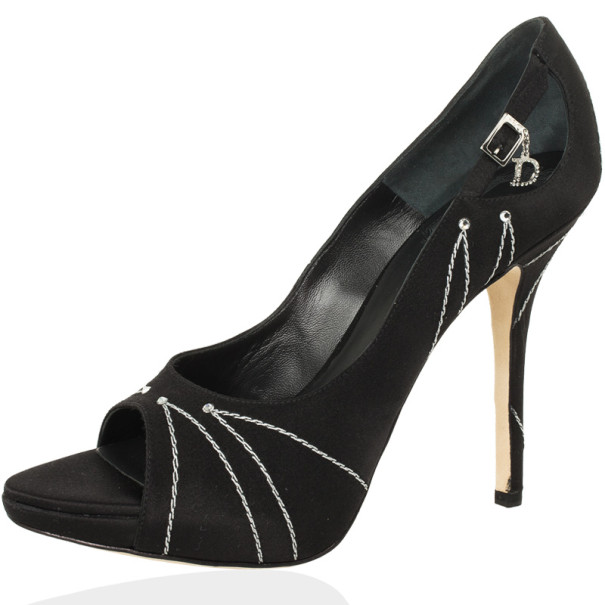 Pre Owned Dior Black Satin Embroidered Open Toe Folies Pumps Size 38.5