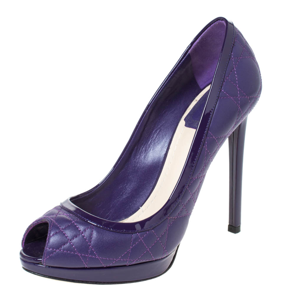 Dior Purple Quilted Cannage Leather Peep Toe Platform Pumps Size 37.5