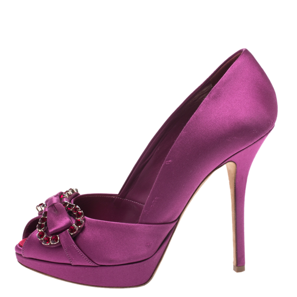 

Dior Purple Satin Embellished Bow Peep Toe Platform Pumps Size