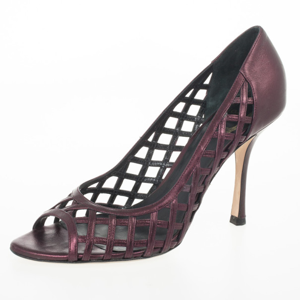 Pre Owned Christian Dior Maroon Metallic Leather Cutout Peep Toe Pumps Size 40