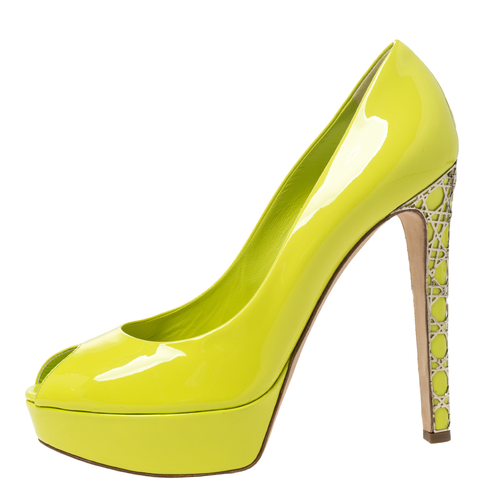 

Christian Dior Neon Green Patent Leather Cannage Heel Peep Toe Platform Pumps Size