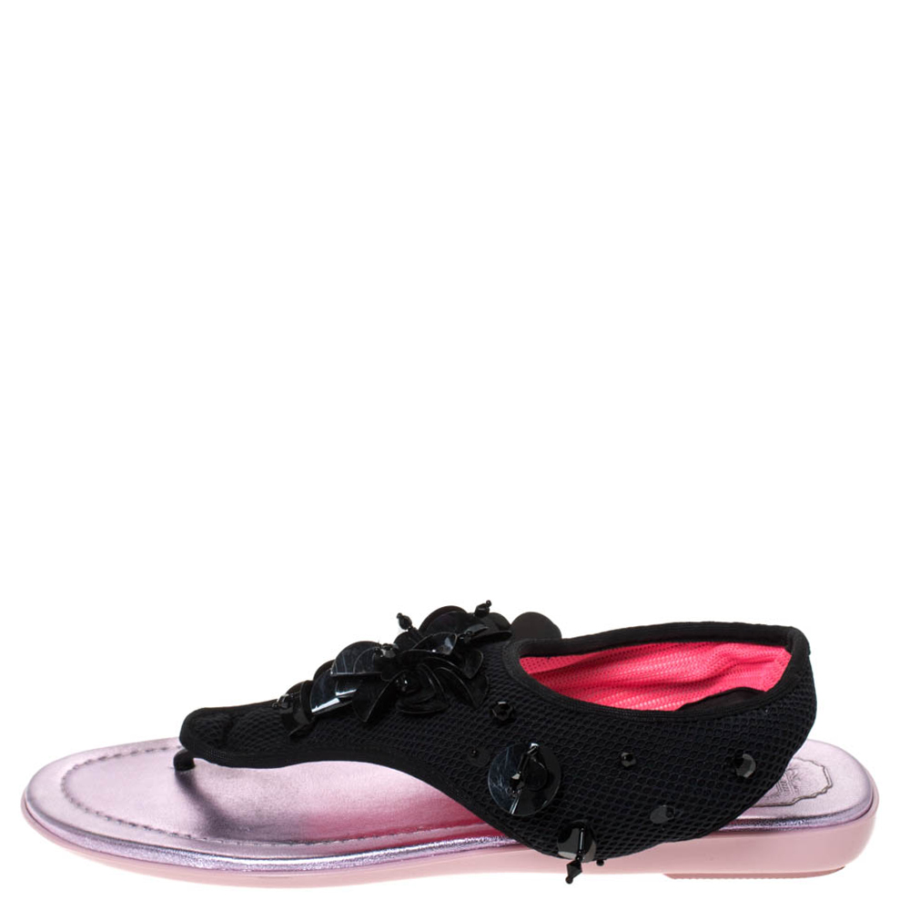 

Dior Black Mesh Embellished Fusion Thong Flat Sandals Size