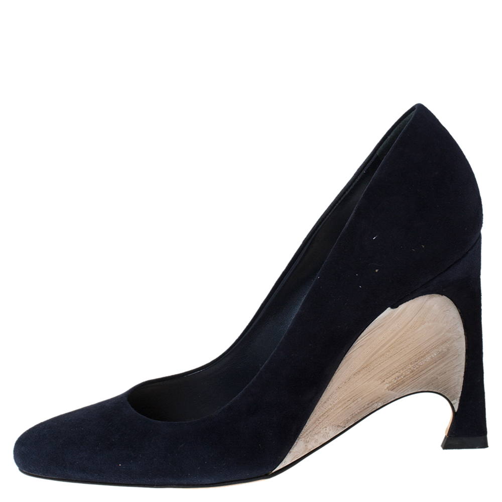 

Dior Navy Blue Suede Leather Optique Wedge Pumps Size