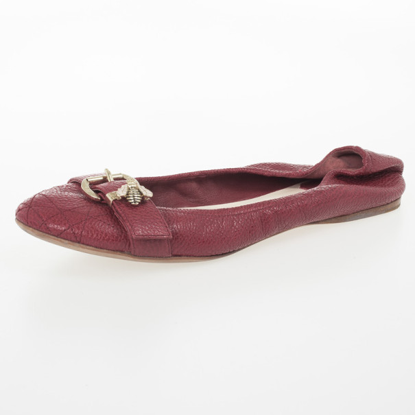 Pre Owned Dior Red Leather Bee Ballet Flats Size 37.5