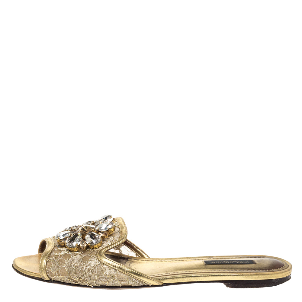 

Dolce & Gabbana Gold Lace And Leather Trim Sofia Crystal Embellished Slide Flats Size