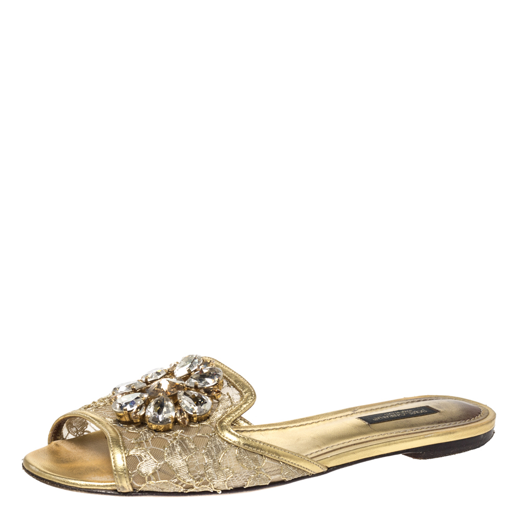 Pre Owned Dolce & Gabbana Gold Lace And Leather Trim Sofia Crystal Embellished Slide Flats Size 37