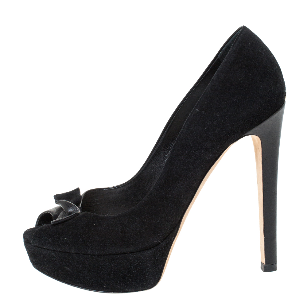 

Dior Black Leather and Suede Bow Peep Toe Platform Pumps Size