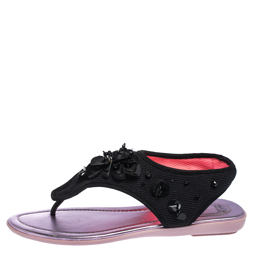 

Dior Black Mesh Embellished Fusion Thong Flat Sandals Size