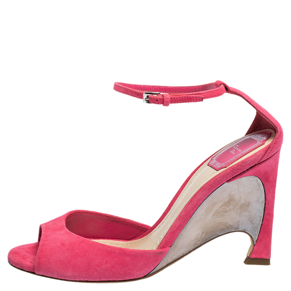 

Dior Pink Suede Leather Optique Wedge Ankle Strap Sandals Size