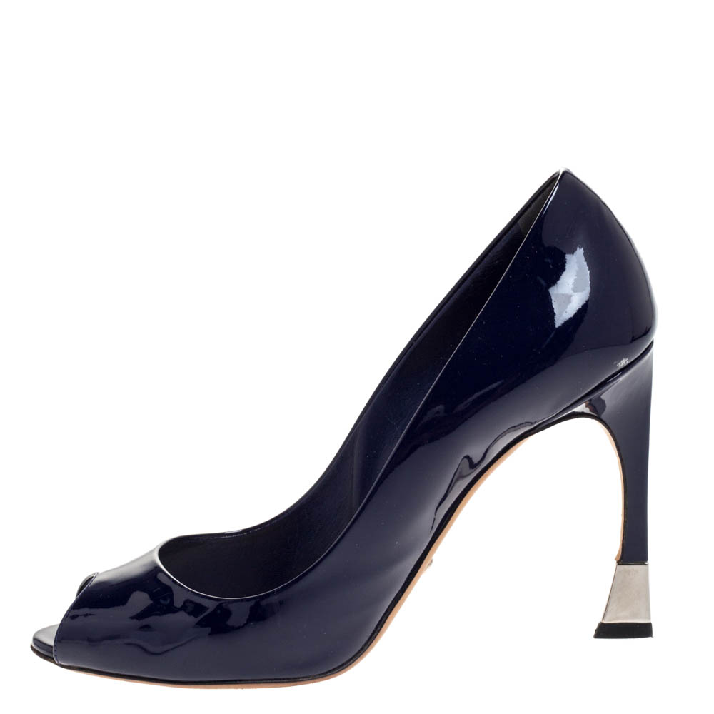 

Dior Midnight Blue Patent Leather Diorella Peep Toe Pumps Size