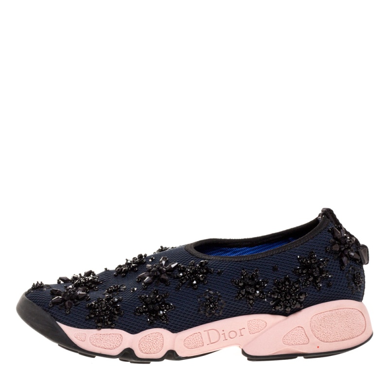 

Dior Navy Blue/Pink Floral Embellished Mesh Fusion Slip On Sneakers Size