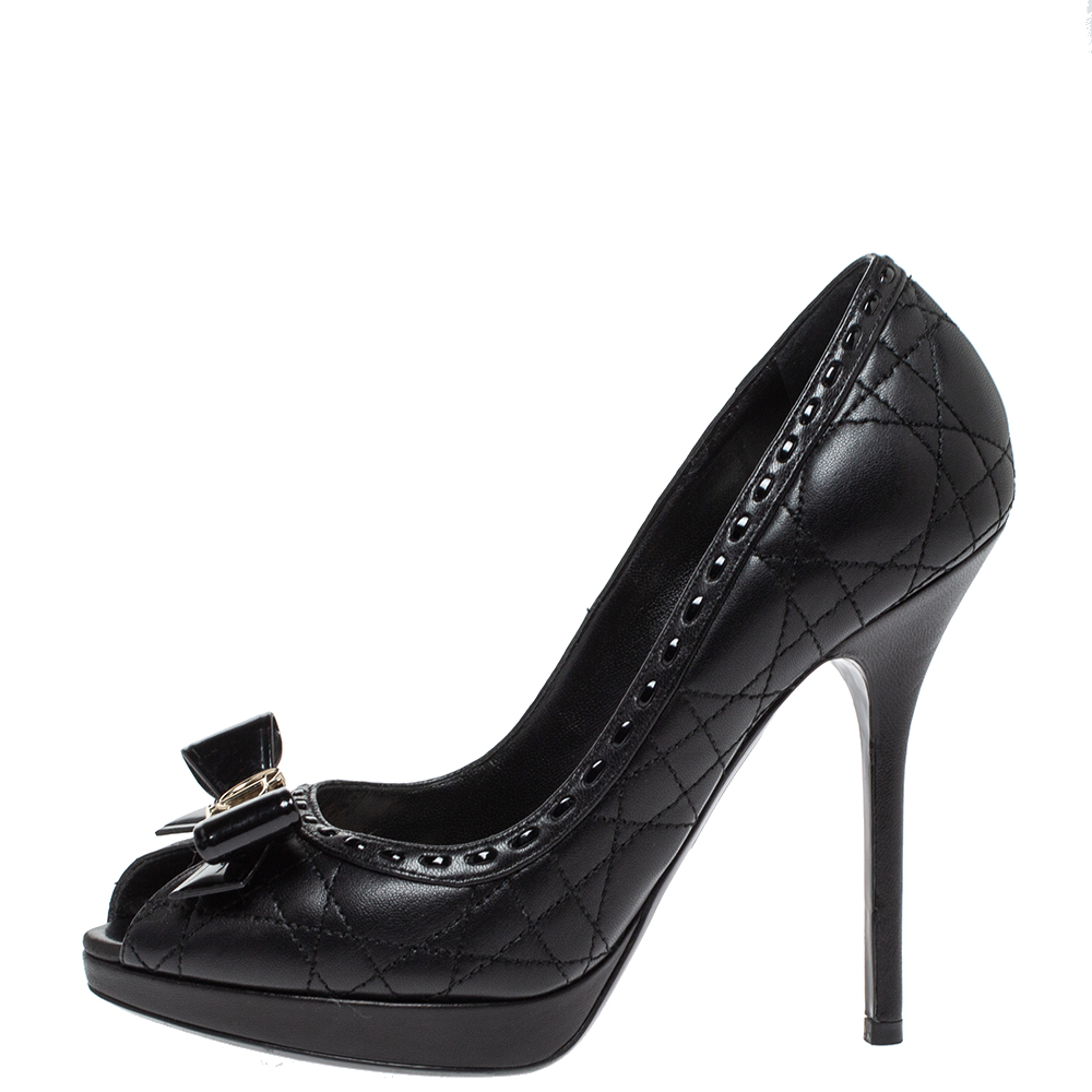 

Dior Black Quilted Leather Bow Peep Toe Platform Pumps Size
