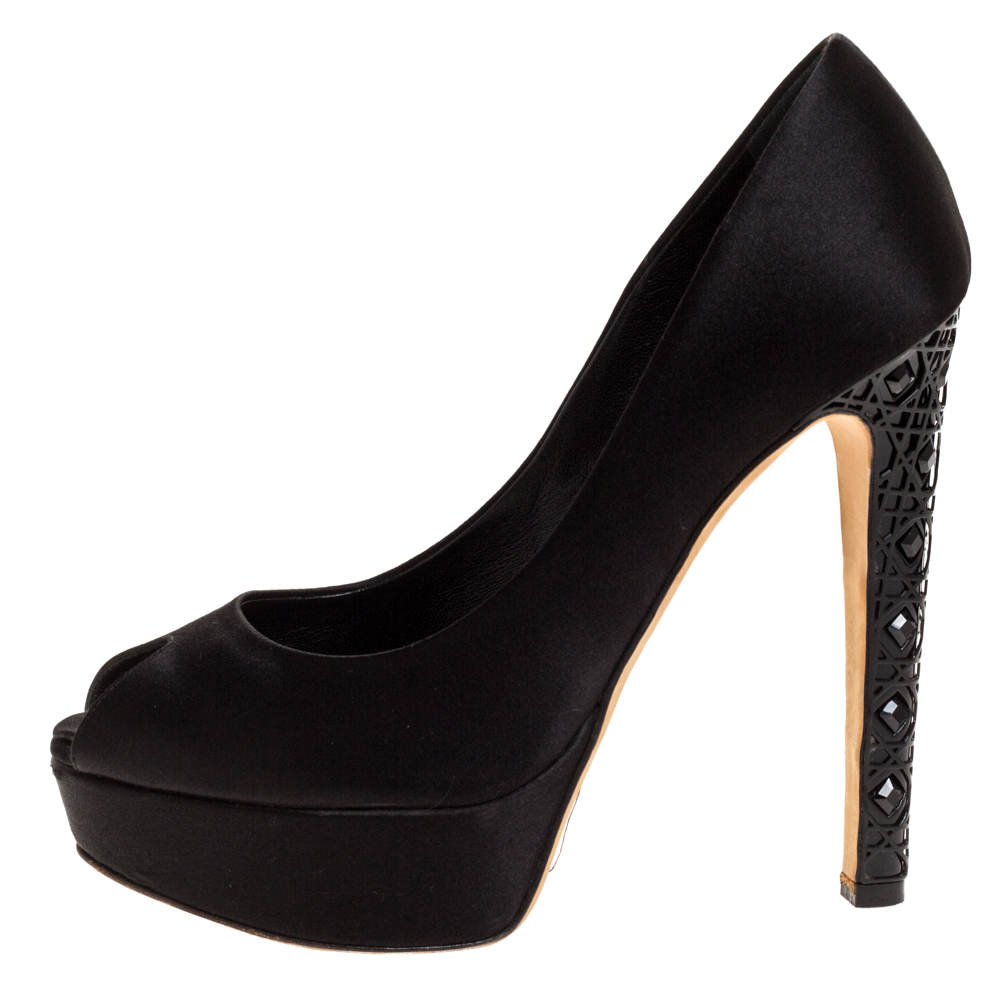 

Dior Black Satin Peep Toe Cannage Heel Platform Pumps Size