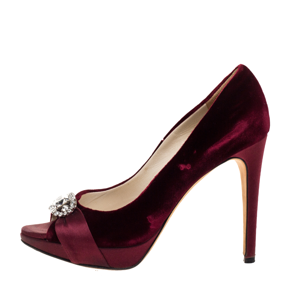 

Dior Maroon Velvet And Satin Crystal Embellished Empire Peep Toe Pumps Size, Red